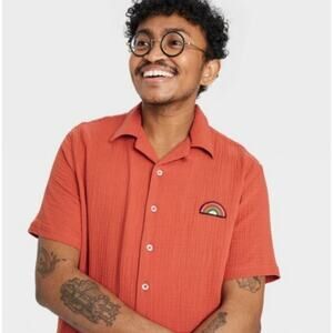 #takepride Target Button Down Shirt Orange Gauzy Cotton Rainbow Sparkle Mens XXL